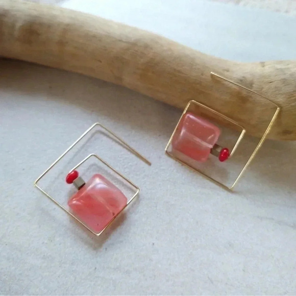 Square Threader Earrings Gold Pink - Picture 4 of 11